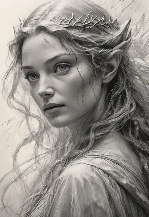 stunning black and white graphite sketch of Galadriel, up close shot, from The Lord Of The Rings trilogy, in dynamic pose, by Anna Razumovskay, (by Alyssa Monks:1.1), by Joseph Lorusso, by Lilia Alvarado, beautiful lighting, sharp focus, 8k, high res, (por...