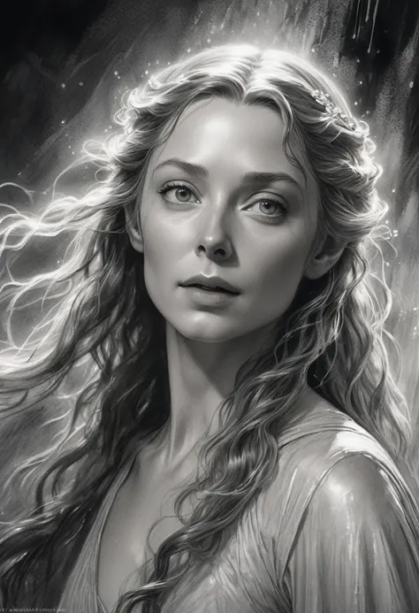 stunning black and white graphite sketch of Galadriel, up close shot, from The Lord Of The Rings trilogy, in dynamic pose, by Anna Razumovskay, (by Alyssa Monks:1.1), by Joseph Lorusso, by Lilia Alvarado, beautiful lighting, sharp focus, 8k, high res, (por...