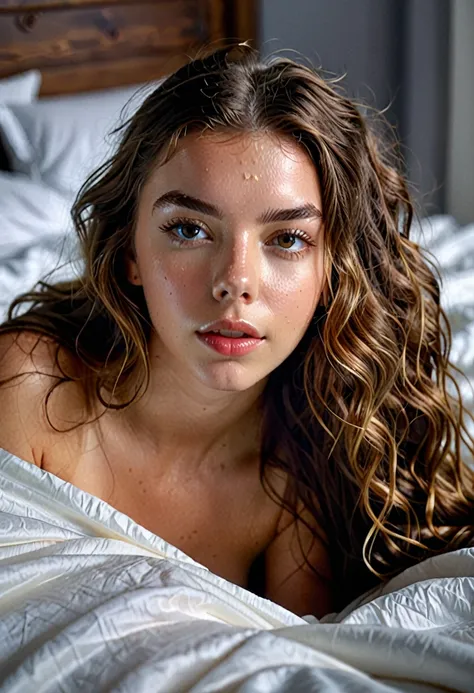 photo of anya taylor, 25 years old, raw, beautiful woman, (extra long wavy light brown hair), very big breaths, tanned, ((portra...