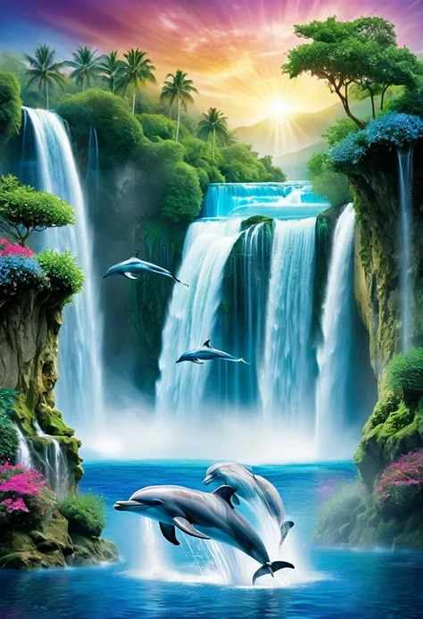 magical scene, waterfall, 2 dolphins