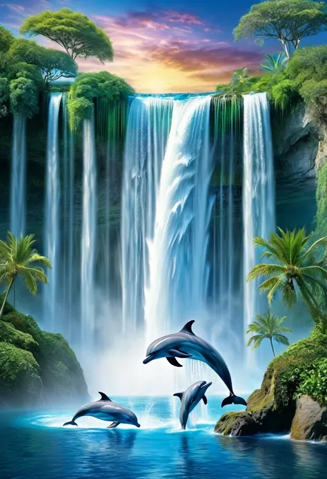 magical scene, waterfall, 2 dolphins