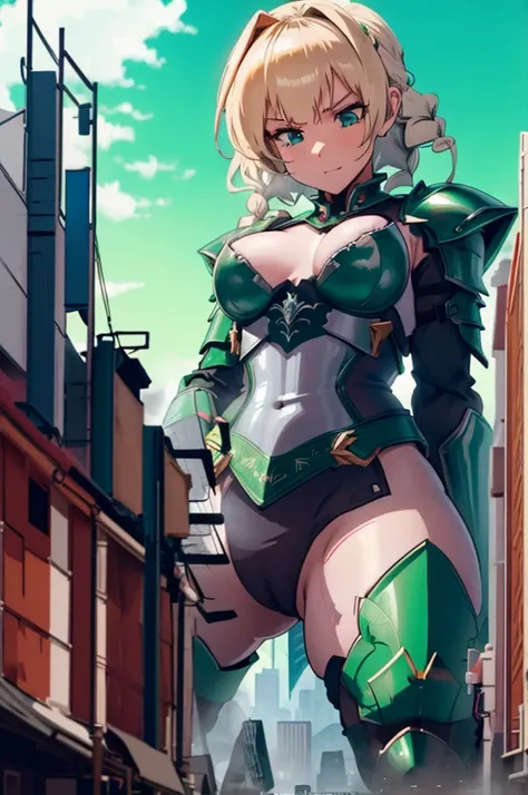 GtsGiga,knight,steel plated armor,green accents,muscalr,fair skin ton,giantess art,cityscape,Rampage, short hair,blonde,french braids,best quailty,masterpiece,mature meduim bosom,solo,1girl,dark knight