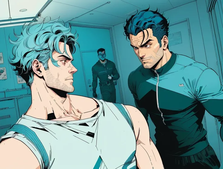 a cartoon of a man is talking to another man in a room, coloured manga scan, colored manga panel, color manga panel, comic styled, digitally colored, rukis. comic book style, bob larkin and tomer hanuka, colored screentone, art gta 5 comics, coloured comic...