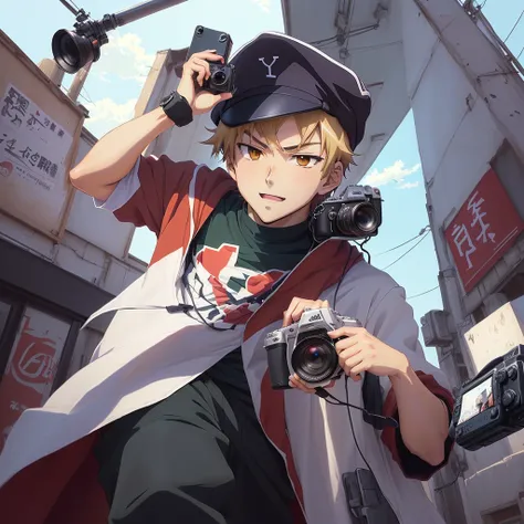 (((anime style, cartoon style))), young man taking a photo from a camera with a cap