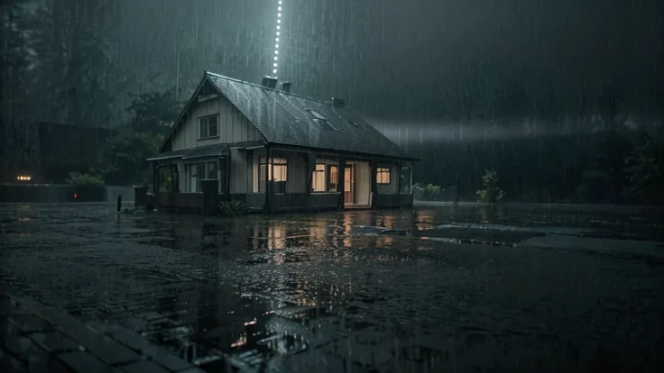 there is a house in the rain with a lot of rain on it, gloomy weather. hyperrealistic, rainy scene, at evening during rain, rainy day. game render, rainy evening, rainy night, raining at night, cryengine render 8 k, rain falling, unreal 6 breathtaking deta...