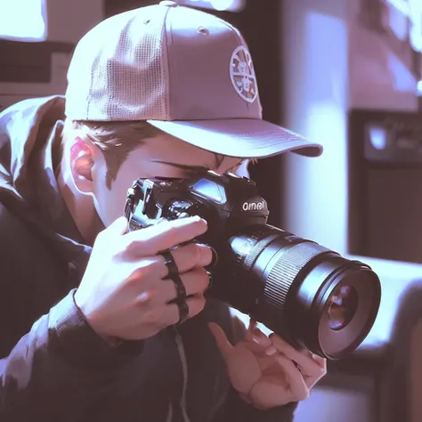 (((anime style, cartoon style))), young man taking a photo from a camera with a cap