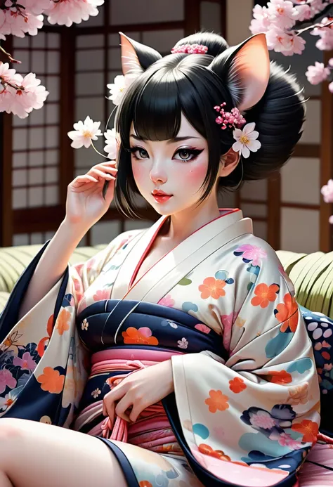 (utamaro style:1.2) , Hallucination, daydream , nightmare , Insane Dream , bokeh , erotica , romance , realistic mouse girl and realistic cat , kimono , futon , Petals fluttering down , Single eyelids, round nose, swollen cheeks