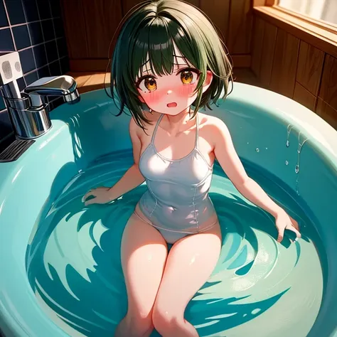 masterpiece,Highest quality,Very detailed,A girl bathing in hot water,Scared,Panic,The pupils constrict,shout,Raise your eyebrows,Are crying,Eyes Wide Open, Swimsuit, One piece swimsuit, White swimsuit, Idolmaster Shiny Colors, Nanakusa nichika, Dark green...