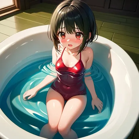 masterpiece,Highest quality,Very detailed,A girl bathing in hot water,Scared,Panic,The pupils constrict,shout,Raise your eyebrows,Are crying,Eyes Wide Open, Swimsuit, One piece swimsuit, White swimsuit, Idolmaster Shiny Colors, Nanakusa nichika, Dark green...