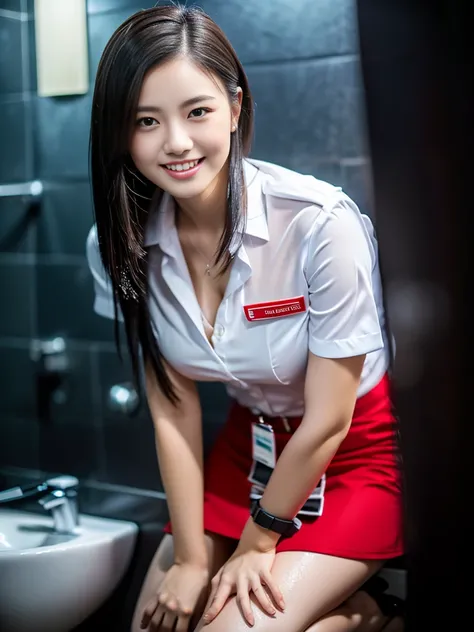 (a gorgeous lady, age 21, Flight Attendant uniform, Shenzhen Airlines Stewardess, wet white shirt, wet red mini-skirt, kneeling in a steamy bathroom, dimpled smile, short ponytai hair, short bob hair, cute snaggleteeth, well-endowed round bosom, long flawl...