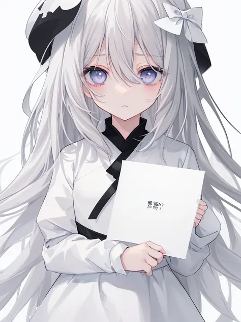 blank paper、Girl、Gray Hair、Long Hair、White eye color、All eyes are white、全体的に白いGirl、白いGirl、White background、白のGirl、White Room、blank paperのGirl、Emotionless、Expressionless