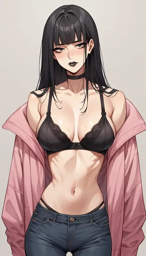 score_9, score_8_up, score_7_up, source_anime, rating_explicit , beautyful mature japanese woman, skinny slender body, black bra, pink jacket, lax face, black big chocker, lowered black jeans,big long fringe black hair, black lipstick, black  panties