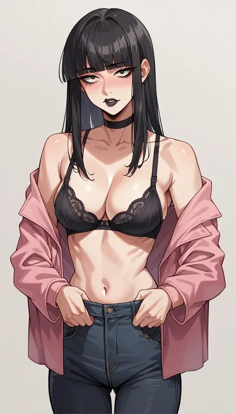 score_9, score_8_up, score_7_up, source_anime, rating_explicit , beautyful mature japanese woman, skinny slender body, black bra, pink jacket, lax face, black big chocker, lowered black jeans,big long fringe black hair, black lipstick, black  panties