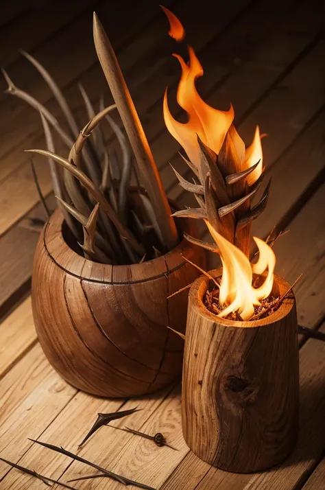 Wooden club with thorns with fire