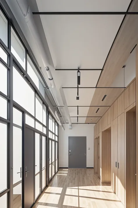 A 30x30 classroom with gray painted walls 4 smart lights on the ceiling a digital whiteboard windows on the right side and a wooden door on the left side with a tiled floor 