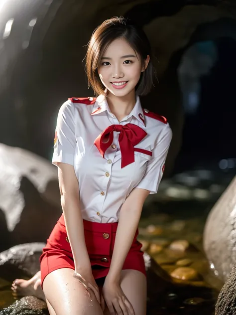 (a gorgeous lady, age 21, flight attendant uniform, shenzhen airlines stewardess, wet white shirt, wet red mini-skirt, kneeling ...