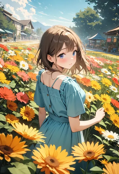 (Best picture quality, 4K, High Definition, Masterpiece level: 1.2), Extra Fine, Watase Seizo style, Yellow flowers, Gerbera, Flower garden, Girl, Blue sky, Cinematic.