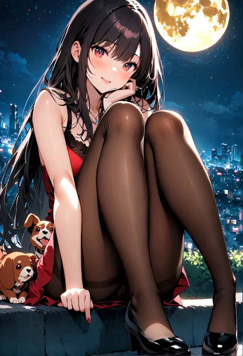 Dog 1、Woman 1、Red miniature dachshund、Red miniature dachshund long hair、dog&#39;color is red、woman with very long black hair、Busty women、Spectacular views、Night Scene、The view from the top of the hill、Full moon night sky、swirling starry sky、８K、Best Quality...