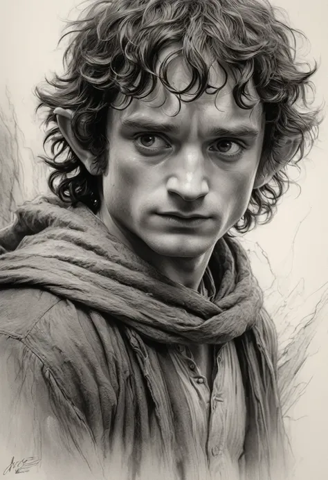 stunning black and white graphite sketch of Frodo, up close shot, from The Lord Of The Rings trilogy, in dynamic pose, by Anna Razumovskay, (by Alyssa Monks:1.1), by Joseph Lorusso, by Lilia Alvarado, beautiful lighting, sharp focus, 8k, high res, (pores:0...