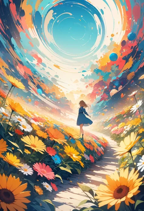 (Best picture quality, 4K, High Definition, Masterpiece level: 1.2), Extra Fine, Watase Seizo style, Simple line initials，Abstract art，Galactic Universe Background, Yellow flowers, Gerbera, Flower garden, Girl, Blue sky, Cinematic.