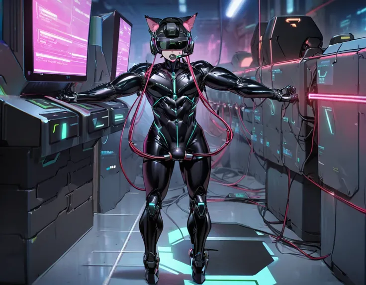 (nsfw5) (((1boy))), (((anime boy))), 20 years old, muscular body, black hair, black latex suit, black latex, skintight no zipper neck entry black latex suit, fullbody black latex suit, shoulder plastic armour, ((wearing virtual reality headset1.5)), visibl...