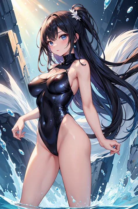 (ladys_whole_body_is_underwater),(standing),(front_view,view_straight),(clear_face,expressionless), break (super_long_black_hair:1.1),shiny_hair, break, super_highleg,black_Leotard,turtleneck, break, Shiny_skin,gleaming_skin, break, Large_breasts,skinny_fe...