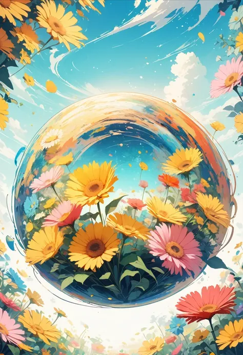 (Best picture quality, 4K, High Definition, Masterpiece level: 1.2), Extra Fine, Watase Seizo style, Simple line initials，Abstract art，Galactic Universe Background, Yellow flowers, Gerbera, Flower garden,Blue sky, Cinematic.