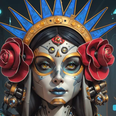 a close up of a woman with a face painted like a skeleton, portrait of a cyborg queen, detailed portrait of a cyborg, beautiful cyborg priestess, cyborg merchant girl, portrait of a robot shaman, cyberpunk mona lisa, cyborg merchant woman, cyborg portrait,...