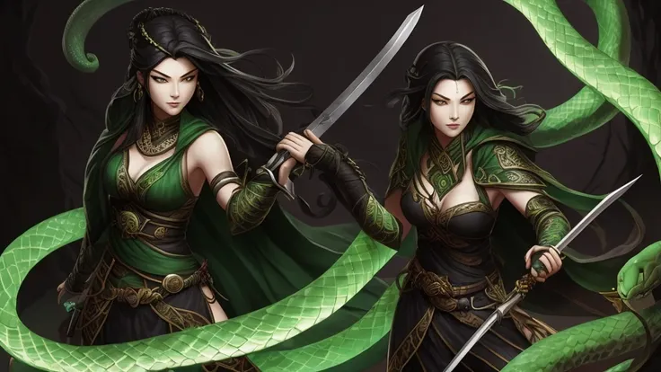 A Yuan-ti woman with pale gray skin, green snake eyes and carrying a black bladed sword. RPG style