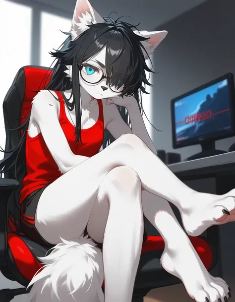 Solo, score_9,score_8_up,score_7_up, a young nerdy Anthro furry wolf woman, white furry body, tall, long black messy hair, hair covering one eye, long bangs, long black hair, blue eyes, black glasses, small breasts, white wolf tail, wearing red tank top, b...