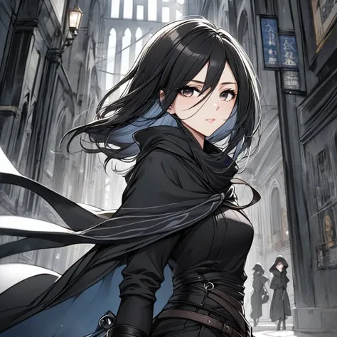 Female, anime style, thief, black clothing, like mistborn