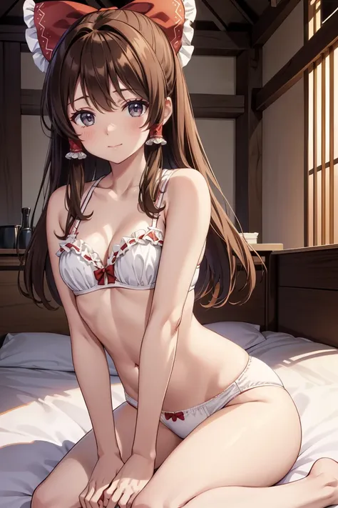 Reimu Hakurei, (Brown eyes:1.5), Brown Hair, bow, hair bow, Hair Tube, Long Hair, red bow, Side Lock,Bed、
Blake Ascot, (((Cute white bra、Cute white panties)))、Cleavage、Sexy pose、On the bed、On all fours、Butt Lift、Low Angle、Low position、Looking down at the c...