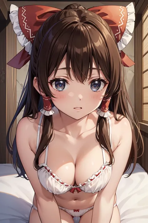 Reimu Hakurei, (Brown eyes:1.5), Brown Hair, bow, hair bow, Hair Tube, Long Hair, red bow, Side Lock,Bed、
Blake Ascot, (((Cute white bra、Cute white panties)))、Cleavage、Sexy pose、On the bed、On all fours、Butt Lift、Low Angle、Low position、Looking down at the c...