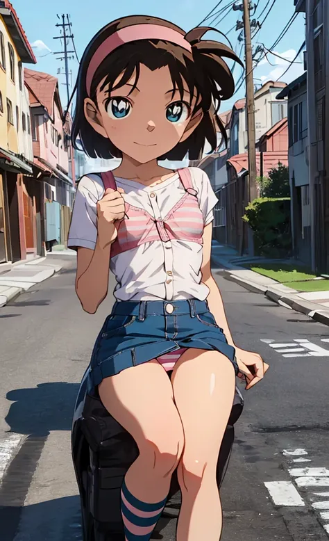 Sitting,Panty shot,(beautiful,Small breasts:1.5),Yoshida Ayumi,One Girl, alone,((( Brown Hair, short hair,Pink Hairband,blue eyes))),smile, One girl,6 years old,Detective Conan, shirt,mini skirt ,(((Blue striped panties))),masterpiece ,8k unity wallpaper,A...