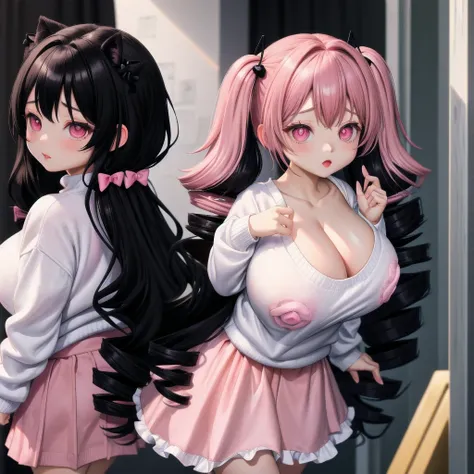 black hair, female, twin drills, solo, smol, pink eyes, massive breasts, very long hair, wear plain white sweater and pink skirt, masterpiece, ultra high quality