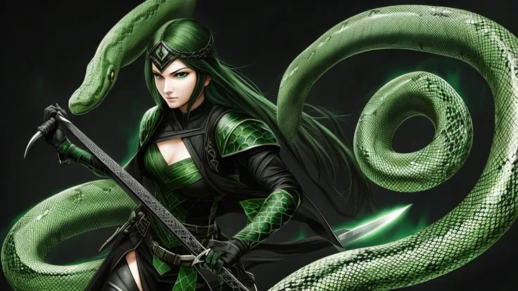 A woman with pale gray skin snake scales, green snake eyes carrying a black bladed sword