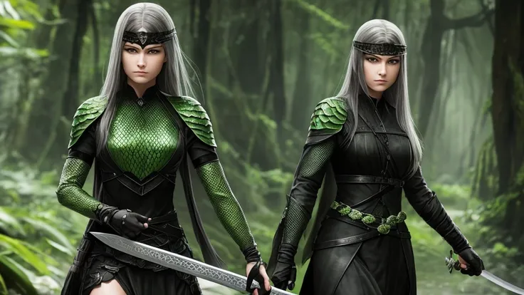 A woman with pale gray skin snake scales, green snake eyes carrying a black bladed sword