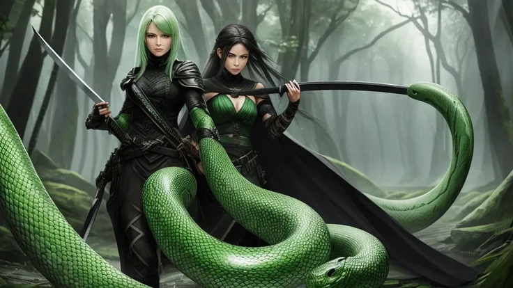 A woman with pale gray skin snake scales, green snake eyes carrying a black bladed sword