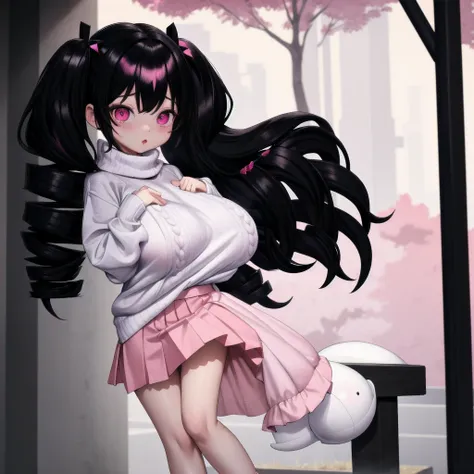 black hair, female, twin drills, solo, smol, pink eyes, massive breasts, very long hair, wear plain white sweater and pink skirt, masterpiece, ultra high quality