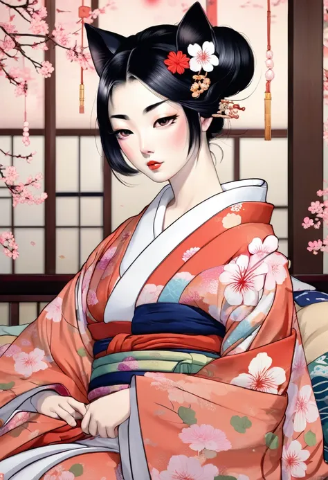 (utamaro style:1.2) , Hallucination, daydream , nightmare , Insane Dream , bokeh , erotica , romance , realistic mouse girl and realistic cat , kimono , futon , Petals fluttering down , Single eyelids, round nose, swollen cheeks