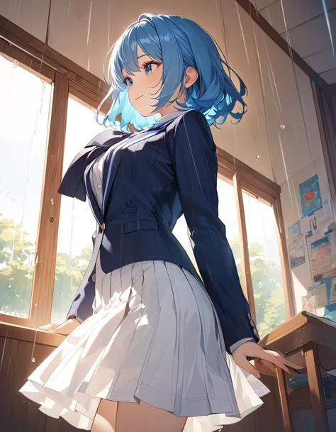 8K, Highest quality, masterpiece, Wallpapers by Unity 8K, School classroom、Standing by the window、窓の外はrain模様、(Highest qualityのイラスト:1.2), (pretty girl:1.1), (1 girl、17 years old、Highest qualityのイラスト:1.2), (1 girl、smile、Beautiful breasts、Very detailedな目:1.2)...