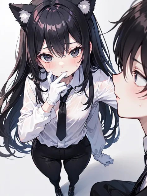 18-year-old Shota，cute，Wear a white long-sleeved shirt and a black work tie，Wear black pants，Wear black booties，Wear white gloves，wear cat ear，Black hair，Black eyes，Very thin legs，The waist is very thin，blush，sweat，Fear，Unwilling，comfortable，porn，close-up ...