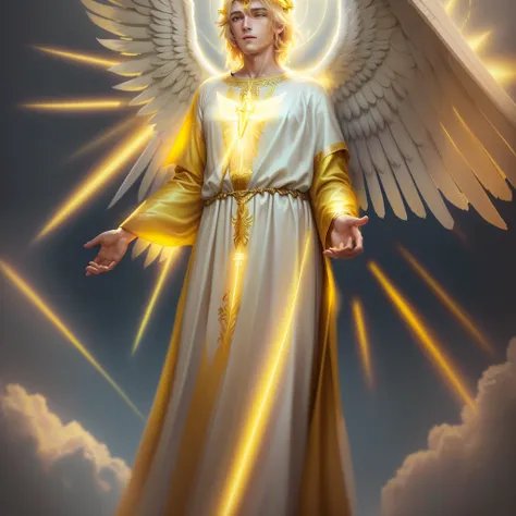 painting of a man dressed in a yellow tunic with wings, glowing angelic being, an angel of the dawn light, ethereal angelic being of light, accurate biblical angel, biblically correct angel, an angel standing still, angelic light, angelical, totalitarian s...