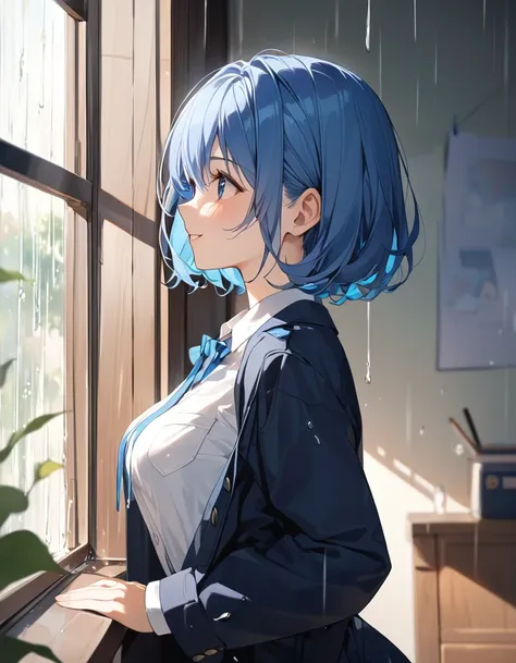 8K, Highest quality, masterpiece, Wallpapers by Unity 8K, School classroom、Standing by the window、窓の外はrain模様、(Highest qualityのイラスト:1.2), (pretty girl:1.1), (1 girl、17 years old、Highest qualityのイラスト:1.2), (1 girl、smile、Beautiful breasts、Very detailedな目:1.2)...