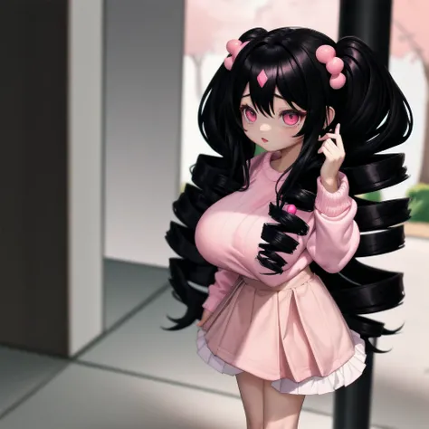 black hair, female, twin drills, solo, smol, pink eyes, massive breasts, very long hair, wear plain white sweater and pink skirt, masterpiece, ultra high quality