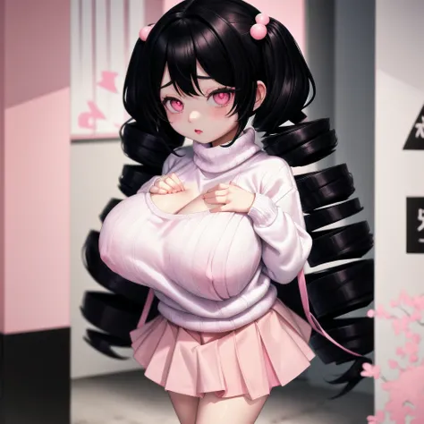 black hair, female, twin drills, solo, smol, pink eyes, massive breasts, very long hair, wear plain white sweater and pink skirt, masterpiece, ultra high quality