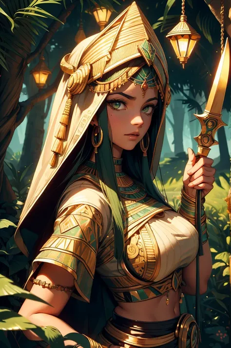 1 adult Egyptian woman, green eyes, black hair flaps, portrait, solo, upper body, looking at viewer, detailed background, detailed face,  OldEgyptAI, ancient egyptian theme,  feral jungle warrior, pink tribal clothing, obsidian, defensive stance, stone kni...