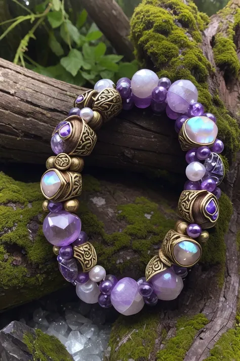 Mystical Forest: A close-up photo of a chunky, hand-carved wooden bracelet adorned with intricate Celtic knotwork. Deep within the grooves of the wood, tiny amethysts and moonstones shimmer like hidden constellations. Moss and wisps of mist cling to the br...