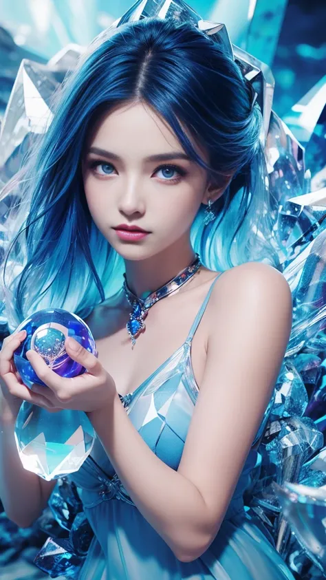 （and soul）、（secondary mysterious、pisces、1 girl、blue hair、hair length、((french twist))、blue eyes、gradient eyes、sparkling eyes、bri...