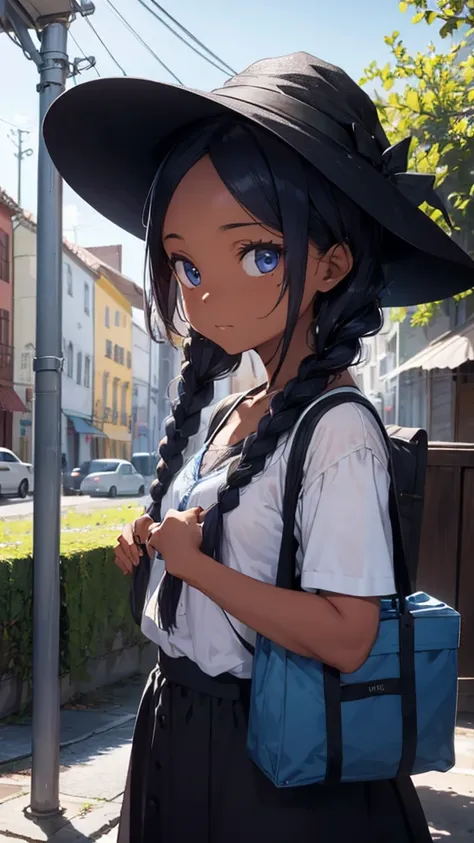 uma garota negra, with dark blue braids, he used his eyes, carrying books, in witch uniform